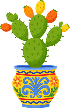 Green cactus with orange and yellow fruit in a decorative Mediterranean-style ceramic flower pot vector