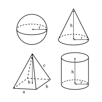 3D Geometric Shapes Edges Illustration with Radius and Height, Side Dimensions for Formula and Calculations vector