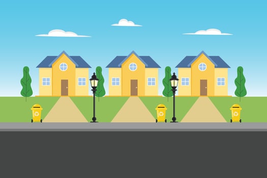 Housing with simple buildings. Housing area Concept. Colored flat illustration isolated vector