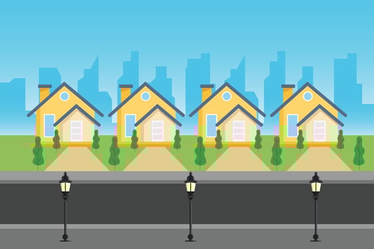 Housing on the edge of a public road. Housing area Concept. Colored flat illustration isolated vector