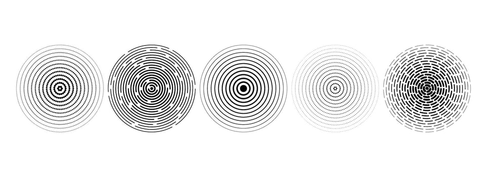 Black linear concentric circles. Dotted and dashed round sound wave collection. Epicenter, target, radar, sonar icon concept. Halftone radial radio signal or vibration element pack. vector