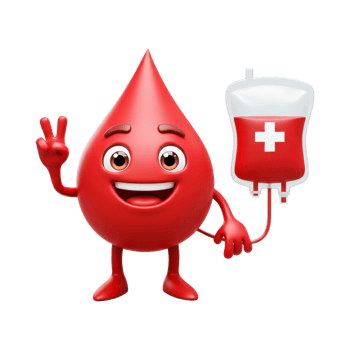A cheerful red blood drop cartoon character gives a peace sign while connected to a blood bag with a white cross, promoting blood donation png
