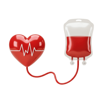 A stylized heart with an EKG line is connected by a red tube to a blood bag partially filled with red liquid isolated background png