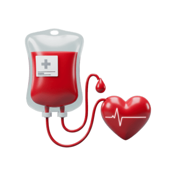 Red liquid in a transparent bag, linked to a heart with a pulse, blood donation isolated background png