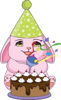 Chibi Rabbit With Birthday Cake And Confetti Party vector