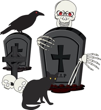 Creepy Cemetery With Evil Skull, Crow And Cat Halloween vector