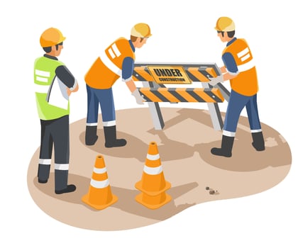 Team of construction workers setting up a caution barrier on a road to warn pedestrians of an active construction zone isometric isolated vector