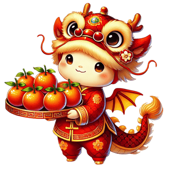 A cheerful child in dragon costume holds a plate of oranges. png