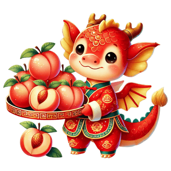 A cute dragon character holding peaches, symbolizing good fortune. png