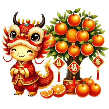 A cheerful dragon character surrounded by orange trees and fruits. png