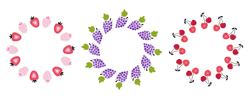 Cute grape, strawberry and cherry frame set vector