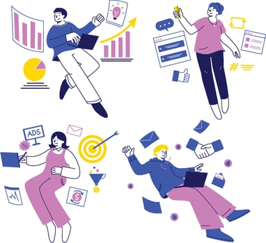 semi floating full body characters to life each performing a key marketing role vector