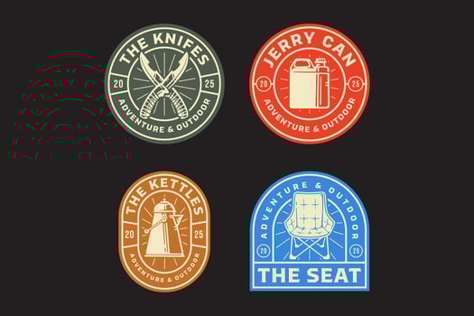 folding knife, plastic canister, camping kettle, picnic seat, jerry can, chair, pot retro badge logo design collection set for adventure, outdoor, camper, explorer, mountaineer and hiker vector