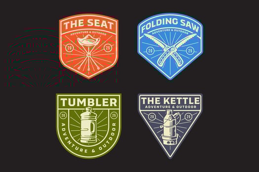 portable camp chair, folding saw, thermos tumbler bottle, camping kettle, knife, seat, pot retro badge logo design collection set for adventure, outdoor, camper, explorer, mountaineer and hiker vector