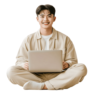 Young Man Cross Legged with Laptop on Transparent Background png