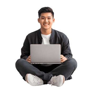 Asian Man Sitting with Laptop Full Body on Transparent Background png