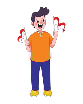 Happy child holding Indonesian flags in both hands, celebrating Independence Day with joy and national pride. vector