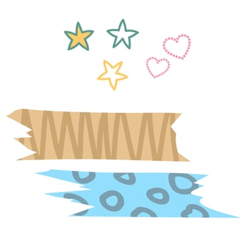 different color washi adhesive tape attached to grey background. washi tape stripes with squiggle, geometry and cute pattern. vector