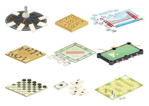Board games set. Checkers, roulette, scrabble, go, billiard, puzzle games flat illustration vector