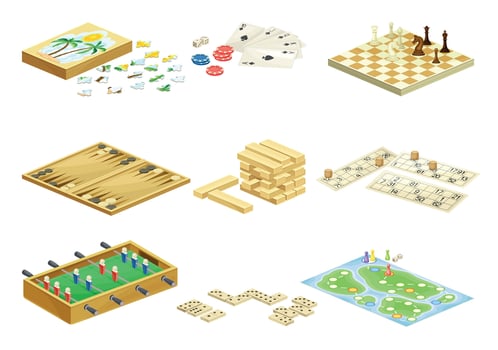 Board games set. Jenga, lotto, domino, football, chess, backgammon games flat illustration vector