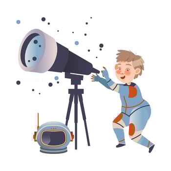 Cute boy astronaut looking at stars in using telescope. Design element can be used for children print, books, stickers, posters illustration vector