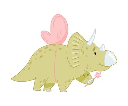 Cute adorable Triceratops animal. Lovely dino with pink wings and magic wand for nursery, t-shirt, book, print, poster design cartoon illustration vector