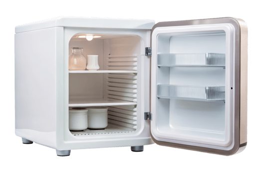 Small white refrigerator with glass shelves and an open door isolated on a transparent background png