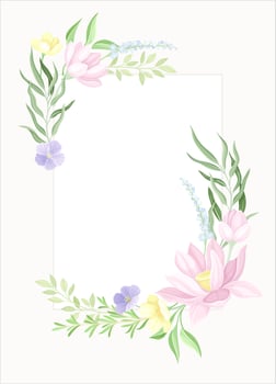 Card template with floral frame in pastel colors. Wedding invitation, postcard, poster, flyer with flowers illustration vector