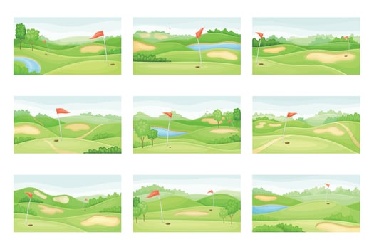 Countryside golf courses set. Play tournament, competition invitation card, poster, banner, template illustration vector