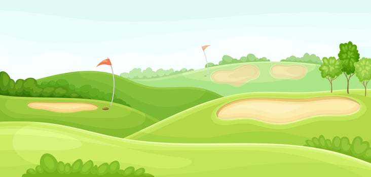 Countryside golf course with holes, red flags and sand bunker. Play tournament, competition invitation card, poster, banner, template illustration vector