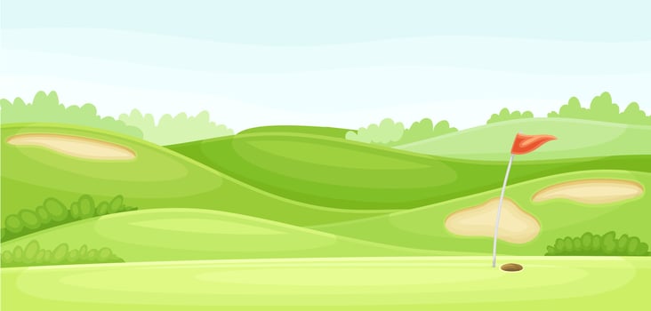Golf course with green grass, hole and red flag. Play tournament, competition invitation card, poster, banner, template illustration vector