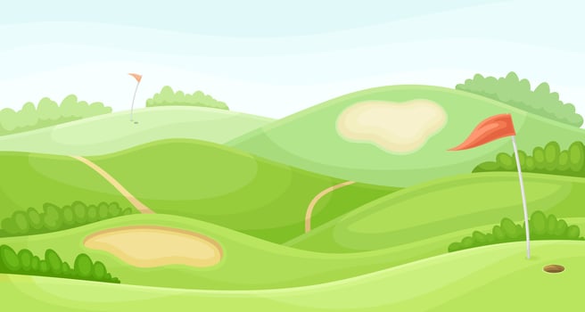 Countryside golf course with sand traps and red flag. Play tournament, competition invitation card, poster, banner, template illustration vector