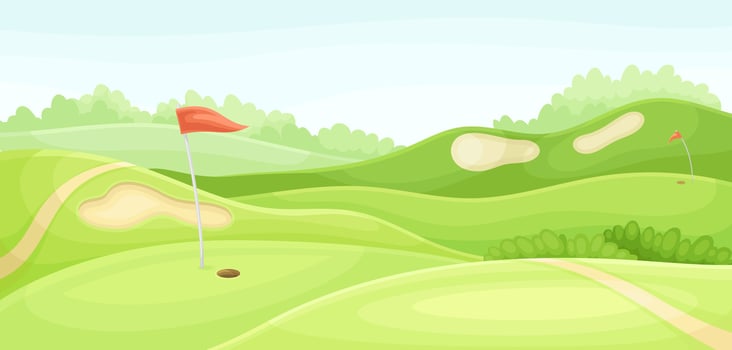 Green golf course with hole, red flag and sand traps. Play tournament, competition invitation card, poster, banner, template illustration vector