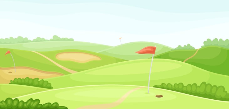 Green countryside golf course with red flag. Play tournament, competition invitation card, poster, banner, template illustration vector