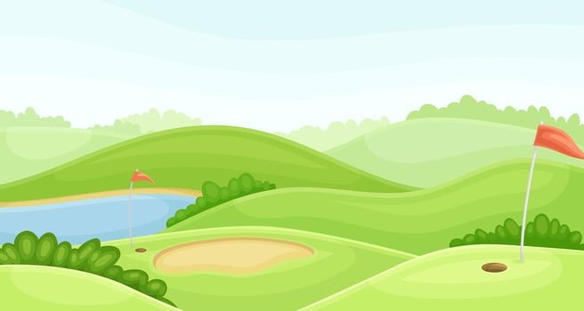 Countryside golf course with hole, red flag, sand traps and lake. Play tournament, competition invitation card, poster, banner, template illustration vector