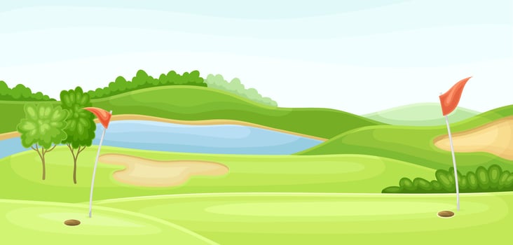 Countryside golf course with hole, red flag, , sand traps and lake. Summer beautiful landscape illustration vector
