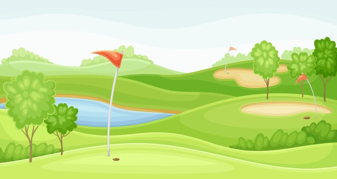 Countryside golf course with hole, red flag. Green summer beautiful landscape with lake illustration vector