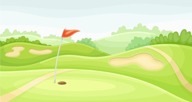 Golf course with hole, red flag and sand traps. Green summer beautiful landscape illustration vector