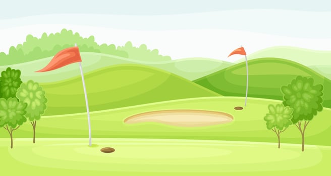 Golf course with holes, red flags and sand trap. Green summer beautiful landscape illustration vector
