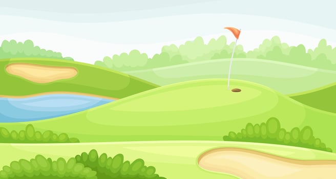 Golf course with hole, red flag and sand traps. Green summer countryside beautiful landscape illustration vector