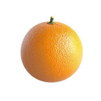 A single round orange with a green stem is displayed on a transparent background png