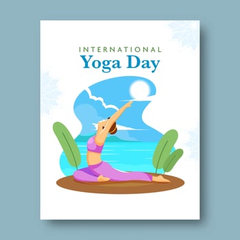 International Yoga Day Post with Faceless Woman Practice Yoga of Utthita Ashwa Sanchalanasa Pose at Nature View Illustration. vector