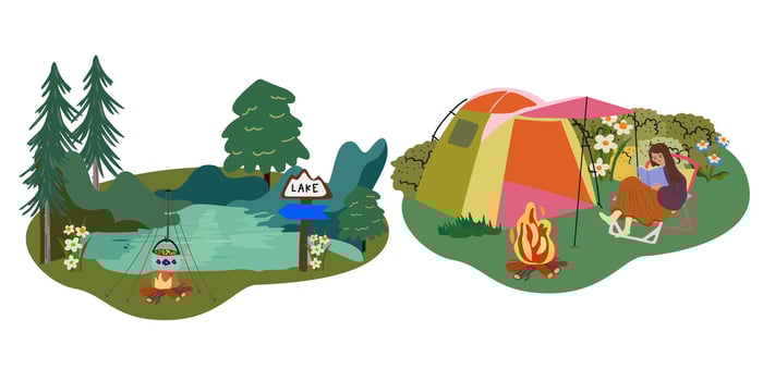 Camping and nature retro illustration. Summer outdoor adventure. Lake, forest, tent, campfire vector