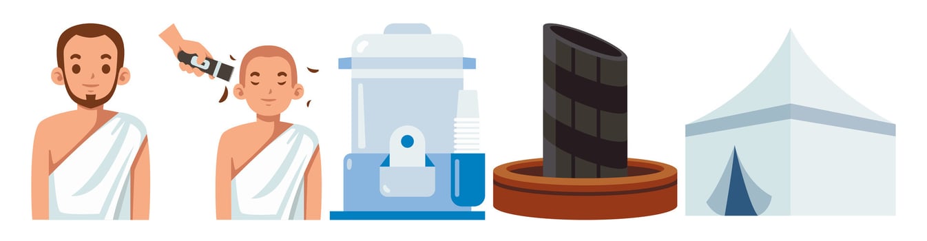 Illustrations show Hajj pilgrimage elements, including preparation, rituals, objects, and shelter highlighting the religious journey. vector