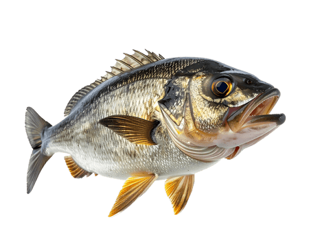 realistic close-up of a golden smiling fish with detailed scales and open mouth on isolated background for seafood and nature concept png