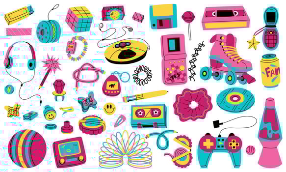 set of retro 90s elements. Colored flat. Concept of the 90s. Player, games, pencil, jewelry, food, drinks, disc, cassette, videos. Items for children. Y2K, 2000s, collection of retro elements from 90s vector