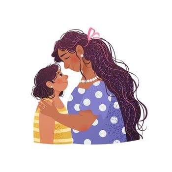 Illustration of mother hugging her little daughter. Happy Mother's Day concept. Isolated grainy illustration on white background. Clip art in a flat style. Cute family portrait. vector
