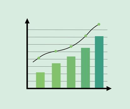 A graph showing a bar chart with a green line vector