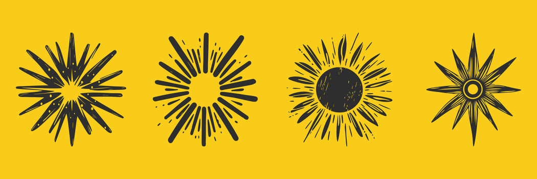 Sunburst And Starburst Design Silhouette Set. Radiant Energy And Light Burst Patterns Isolated Illustration Collection vector