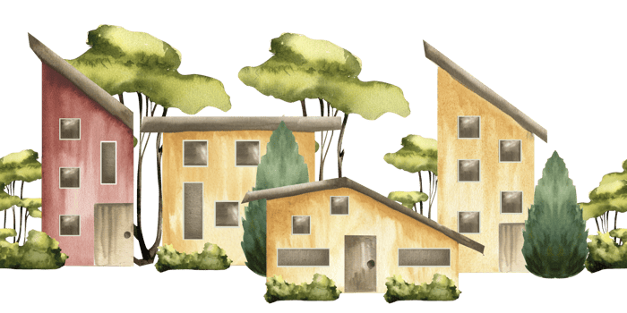 European cottage houses with trees watercolor seamless border. Yellow and red buildings with thuja and green bushes background, summer villages clipart for wallpaper,banner,poster design png